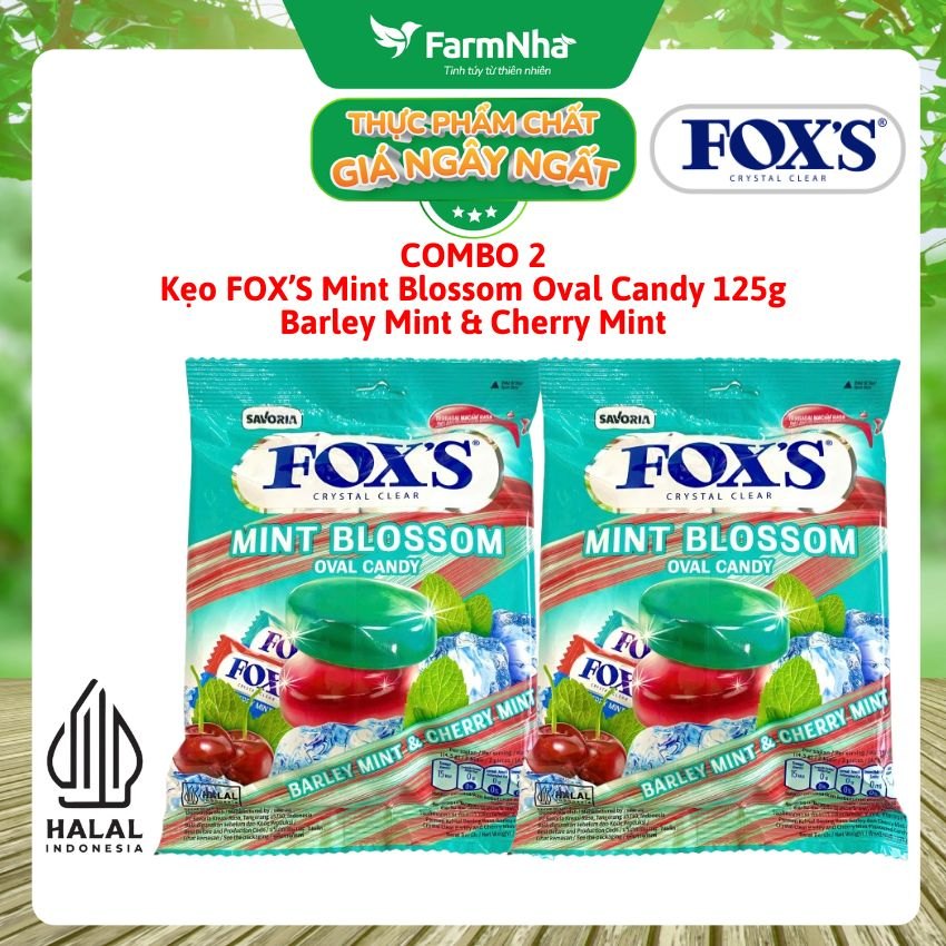 (Combo 2) Kẹo FOX'S Mint Blossom Oval Candy 125g BARLEY MINT & CHERRY MINT - Ngọt Ngào và Mát Lạnh