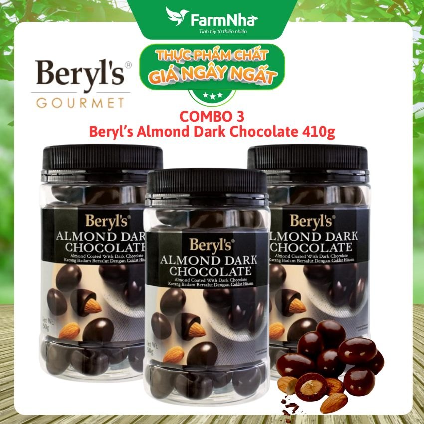 (Combo 3) Socola Beryls Almond Dark Chocolate 410gr - Sôcôla Đen Hảo Hạng và Hạnh Nhân Giòn Ngon Thơm Lừng