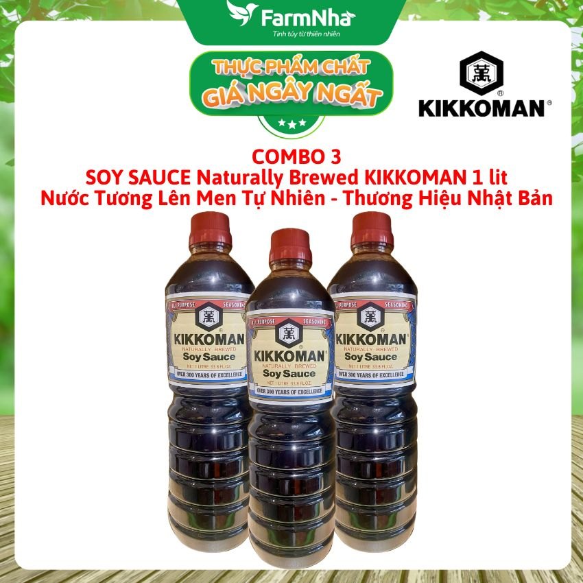 (Combo 3) Xì Dầu Naturally Brewed Soy Sauce Kikkoman 1 lít –Nước Tương Lên Men Tự Nhiên Đậm Vị Umami