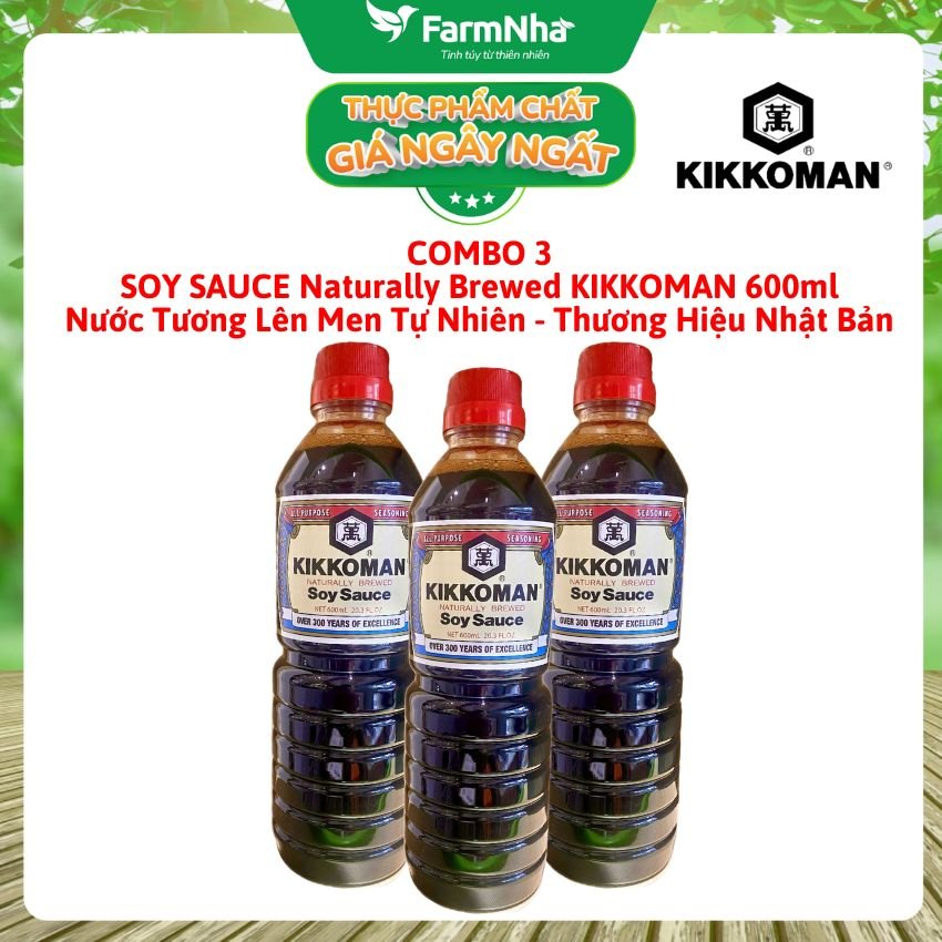 (Combo 3) Xì Dầu Naturally Brewed Soy Sauce Kikkoman 600ml –Nước Tương Lên Men Tự Nhiên Đậm Vị Umami