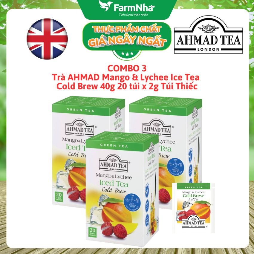(Combo 3) Trà Ahmad Mango & Lychee Iced Tea Cold Brew 40g 20x2g Túi Thiếc – Hương Xoài Vải Nhiệt Đới Tươi Mát