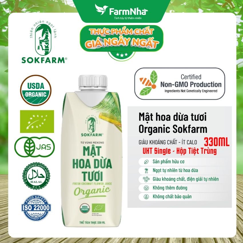 Mật Hoa Dừa Tươi Organic Sokfarm UHT 330ml – Thức Uống Giàu Khoáng Tự Nhiên, Uống Là Khỏe