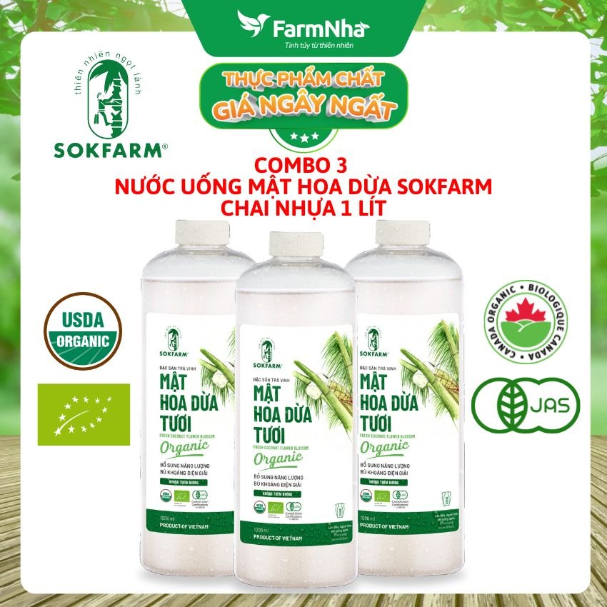 (Combo 3) Nước uống mật hoa dừa Sokfarm 1 lít – Giải Khát Thanh Mát, Bù Khoáng Tự Nhiên