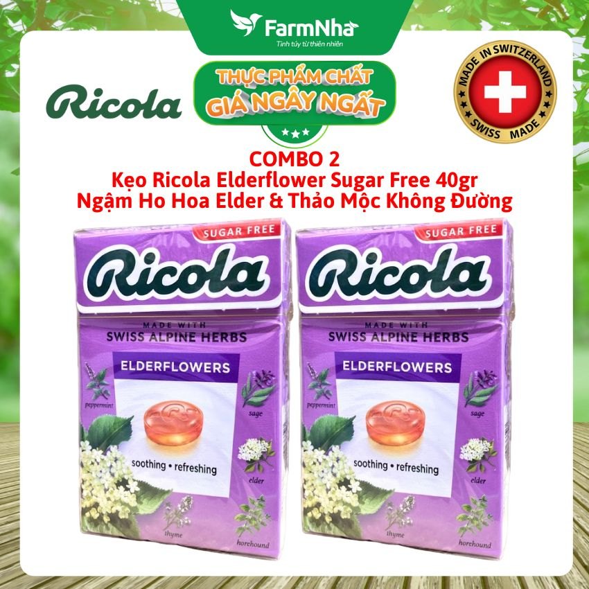 (Combo 2) Kẹo Ricola Elderflower Sugar Free 40g Hộp Giấy Không Đường - Hoa Elder Thanh Mát Dịu Họng