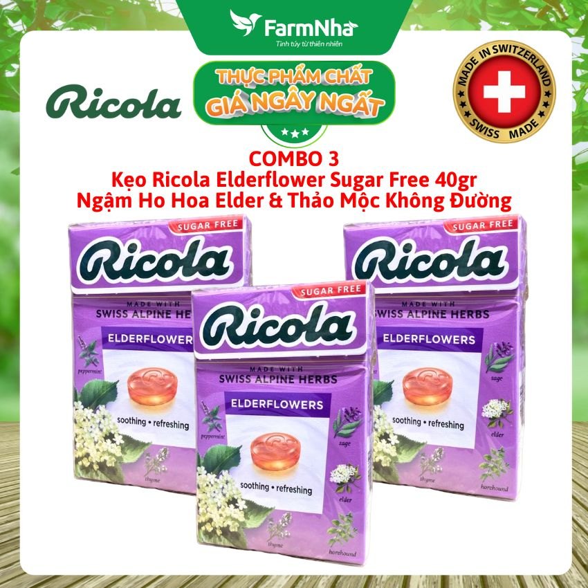 (Combo 3) Kẹo Ricola Elderflower Sugar Free 40g Hộp Giấy Không Đường - Hoa Elder Thanh Mát Dịu Họng
