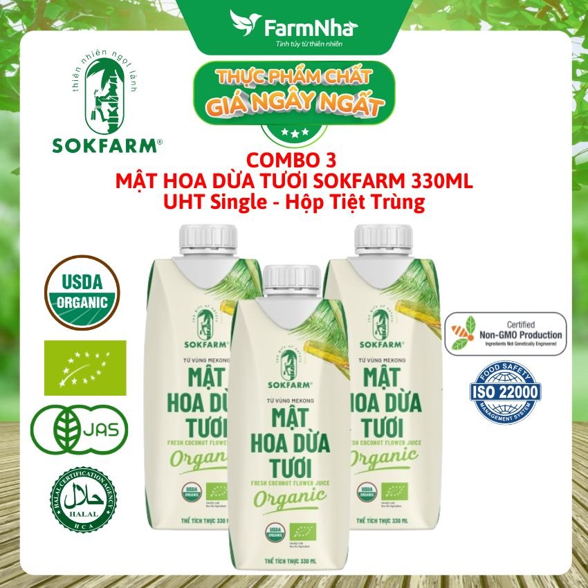 (Combo 3) Mật Hoa Dừa Tươi Organic Sokfarm UHT 330ml – Thức Uống Giàu Khoáng Tự Nhiên, Uống Là Khỏe