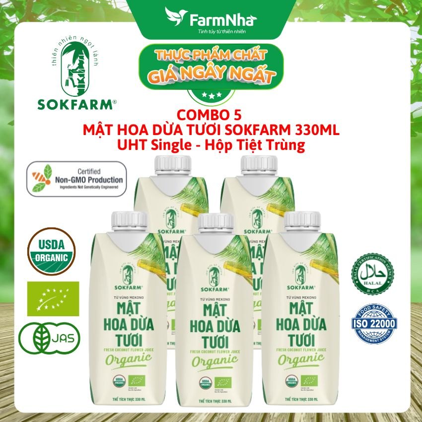 (Combo 5) Mật Hoa Dừa Tươi Organic Sokfarm UHT 330ml – Thức Uống Giàu Khoáng Tự Nhiên, Uống Là Khỏe