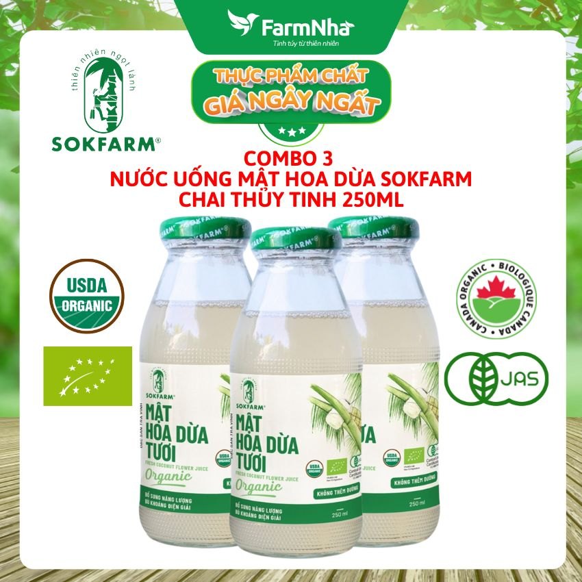 (Combo 3) Nước Uống Mật Hoa Dừa Sokfarm 250ml Thủy Tinh – Giải Khát Thanh Mát, Bù Khoáng Tự Nhiên