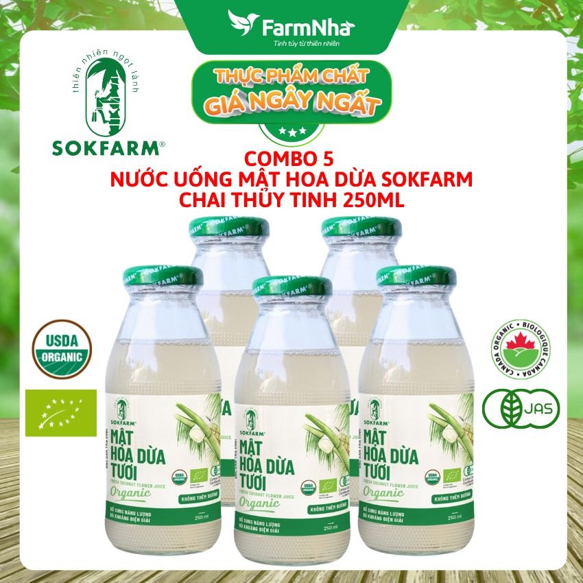 (Combo 5) Nước Uống Mật Hoa Dừa Sokfarm 250ml Thủy Tinh – Giải Khát Thanh Mát, Bù Khoáng Tự Nhiên