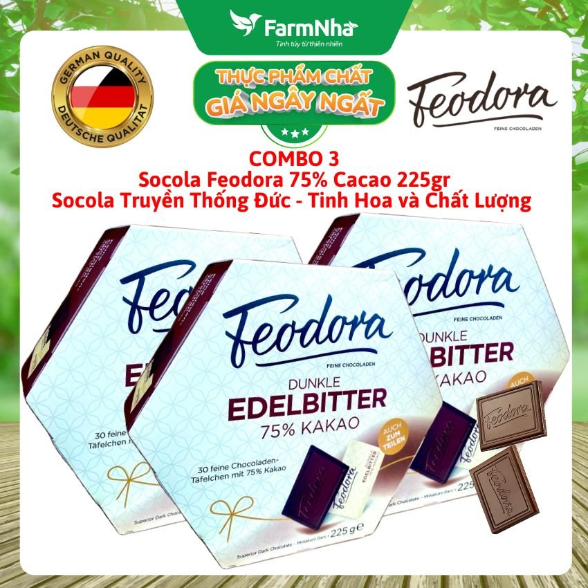 (Combo 3) Sôcôla Feodora Dark 75% Cacao 225gr Hộp Giấy - Chất Lượng Tinh Hoa Truyền Thống Đức