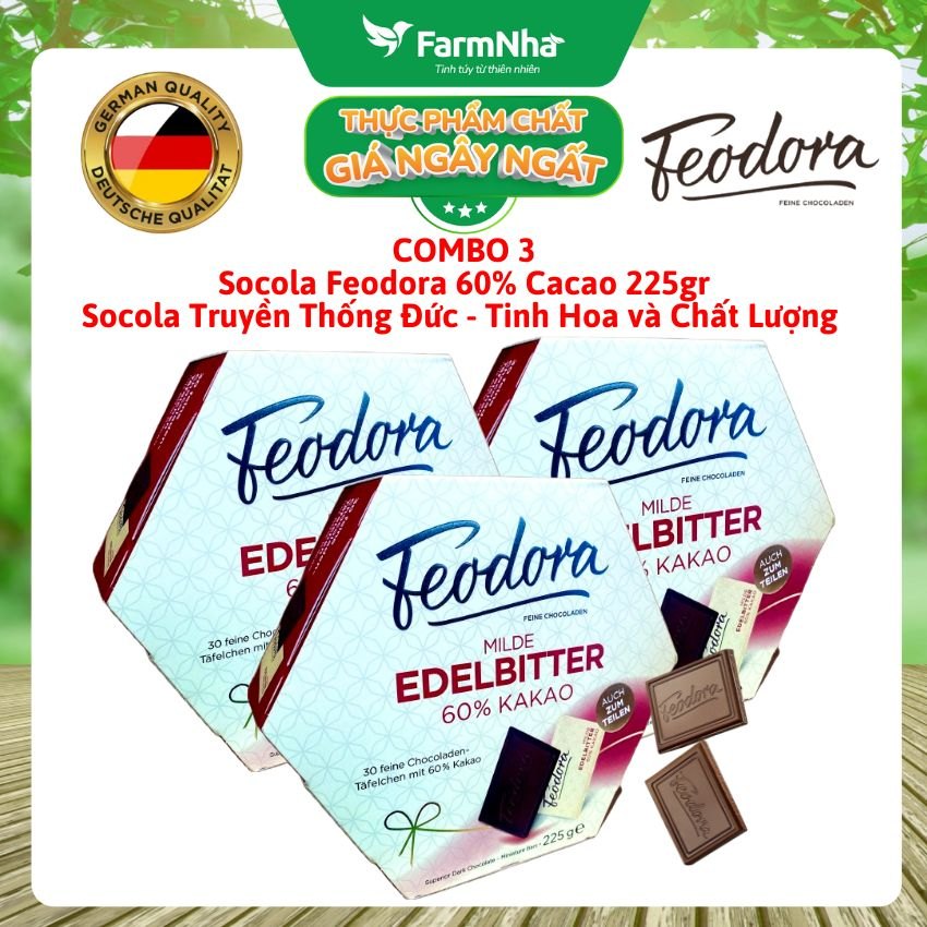 (Combo 3) Sôcôla Feodora Dark 60% Cacao 225gr Hộp Giấy - Chất Lượng Tinh Hoa Truyền Thống Đức