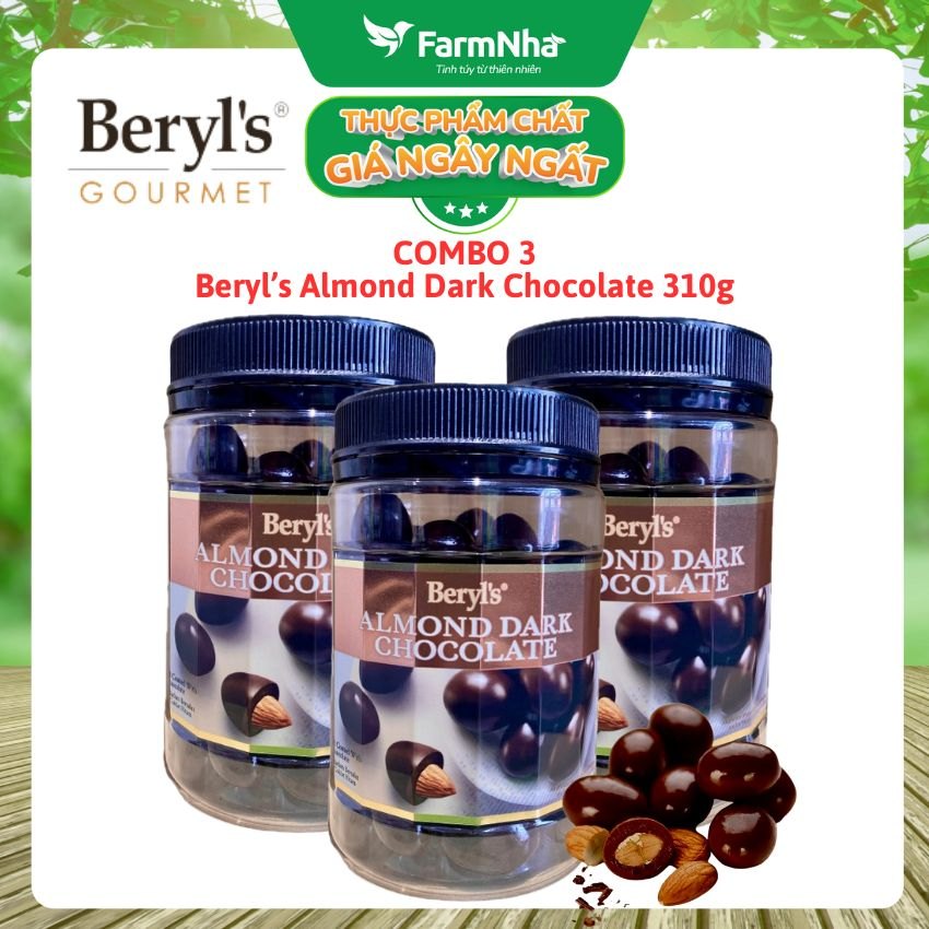 (Combo 3) Socola Beryls Almond Dark Chocolate 310gr - Sôcôla Đen Hảo Hạng và Hạnh Nhân Giòn Ngon Thơm Lừng