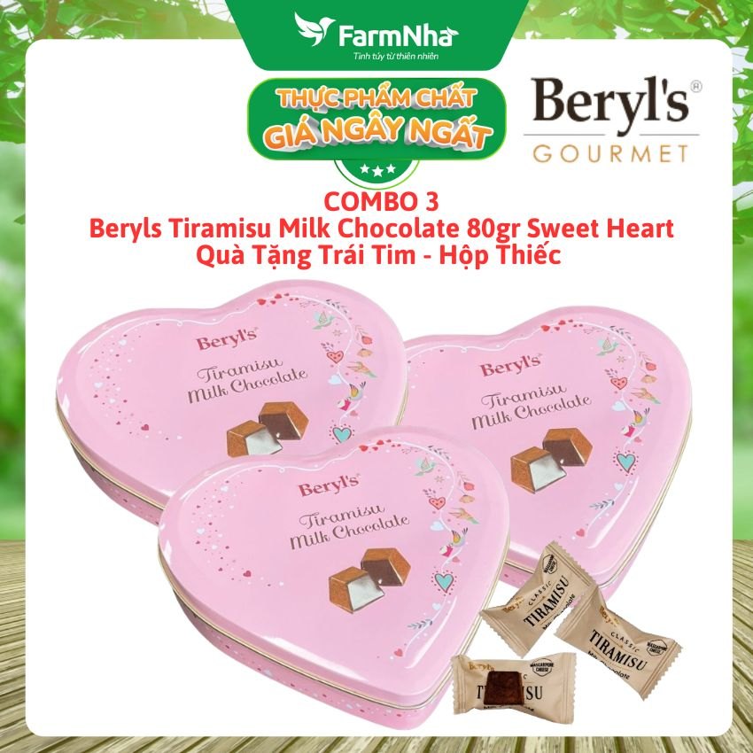 (Combo 3) Socola Beryls Tira Milk Chocolate 80g Hộp Trái Tim – Ngọt Ngào và Yêu Thương