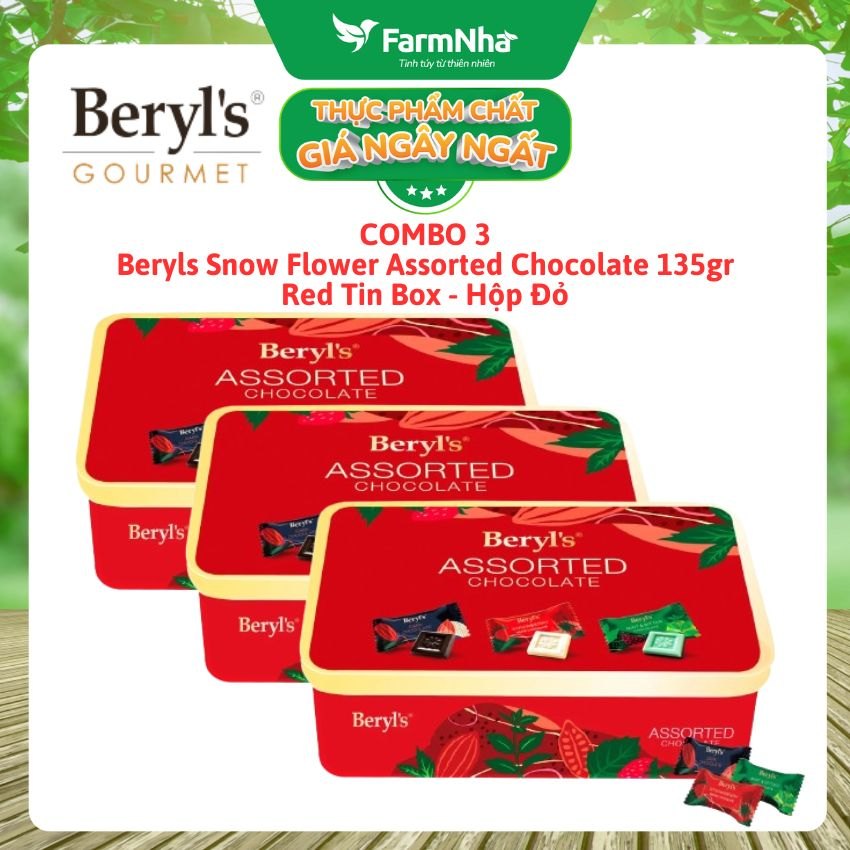 (Combo 3) Socola Beryls Snow Flower Assorted 135g Hộp Thiếc Đỏ - Sang Trọng, Trao Gửi Ngọt Ngào Mùa Lễ Hội