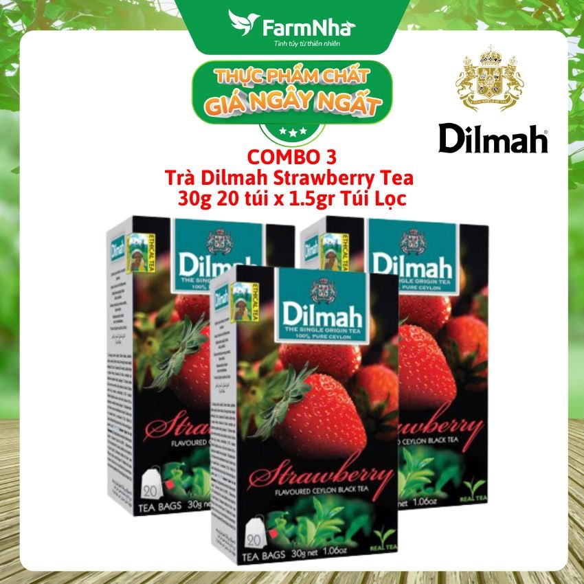 (Combo 3 Hộp) Trà Dilmah Strawberry Vị Dâu túi lọc 30g 20 túi x 1.5g - Tinh hoa trà Sri Lanka