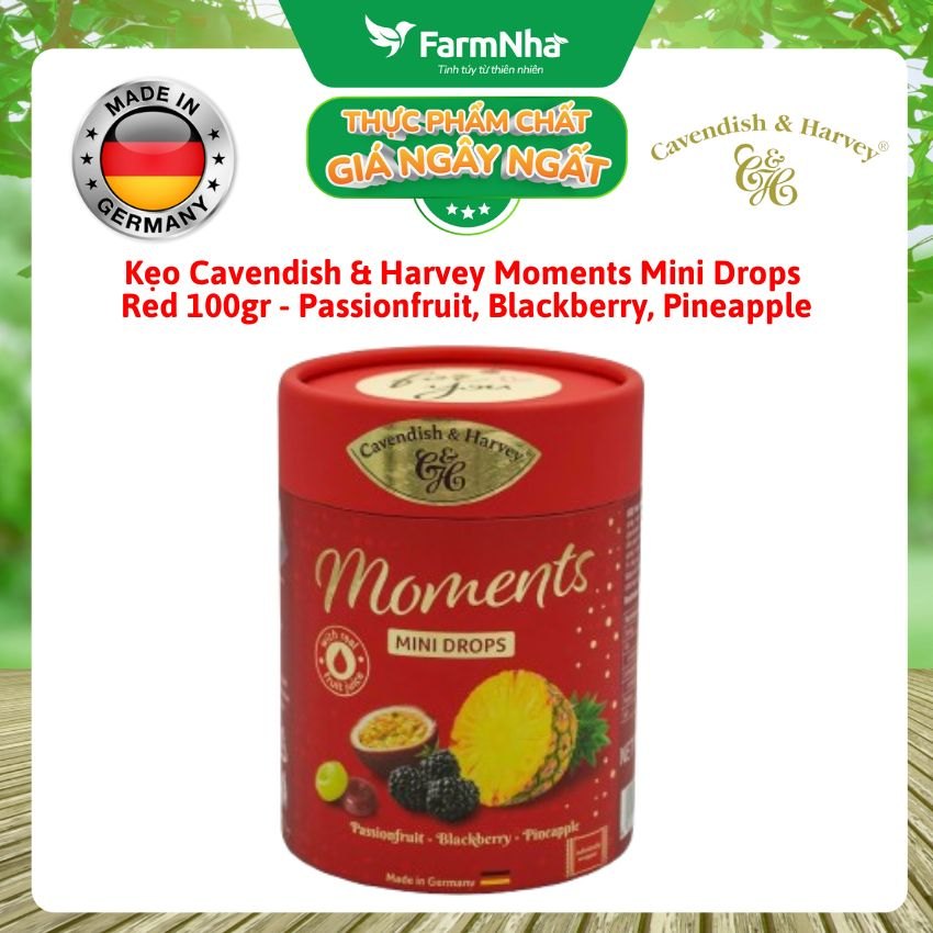 Kẹo Cavendish & Harvey Moments Mini Drops Red 100G – PASSIONFRUIT, BLACKBERRY, PINEAPPLE