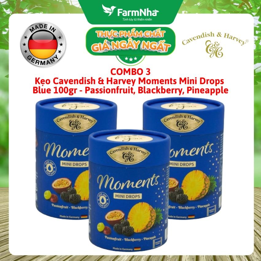 (Combo 3) Kẹo Cavendish & Harvey Moments Mini Drops Blue 100G – PASSIONFRUIT, BLACKBERRY, PINEAPPLE