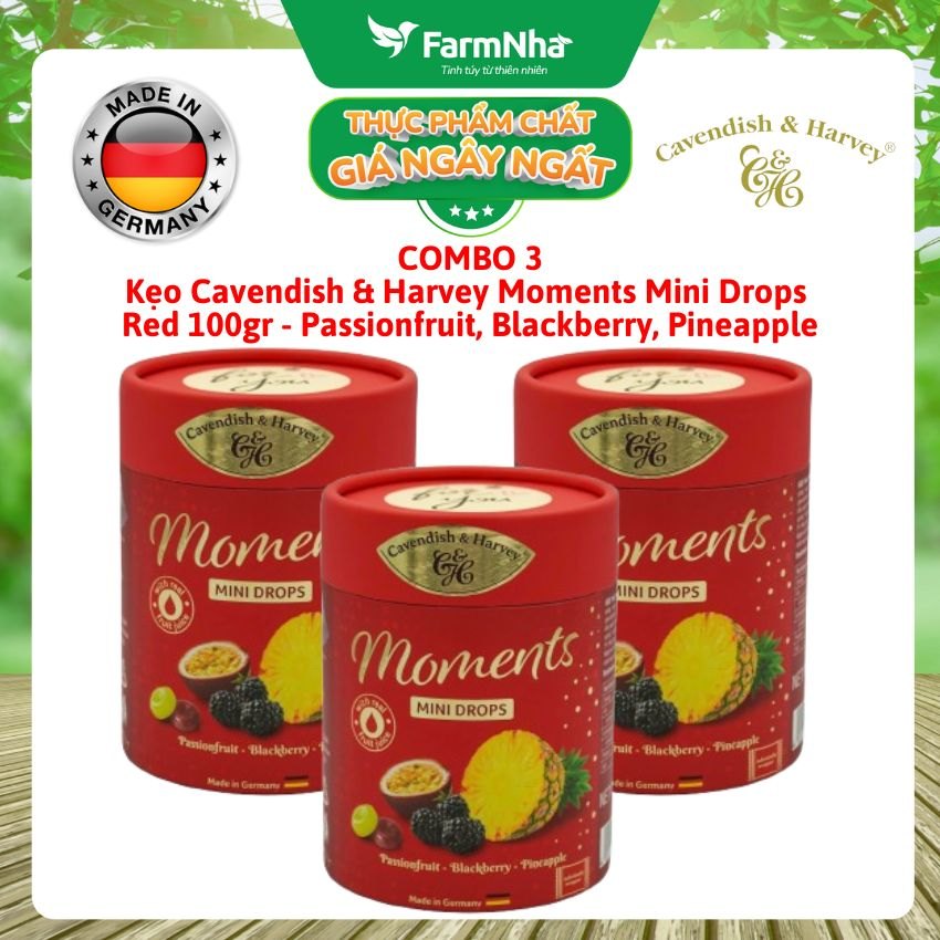 (Combo 3) Kẹo Cavendish & Harvey Moments Mini Drops Red 100G – PASSIONFRUIT, BLACKBERRY, PINEAPPLE