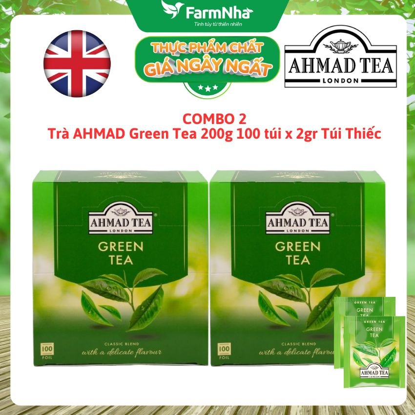 (Combo 2) Trà Xanh Ahmad Green Tea 200g 100x2g Túi Thiếc – Hương Vị Thanh Khiết & Tinh Tế