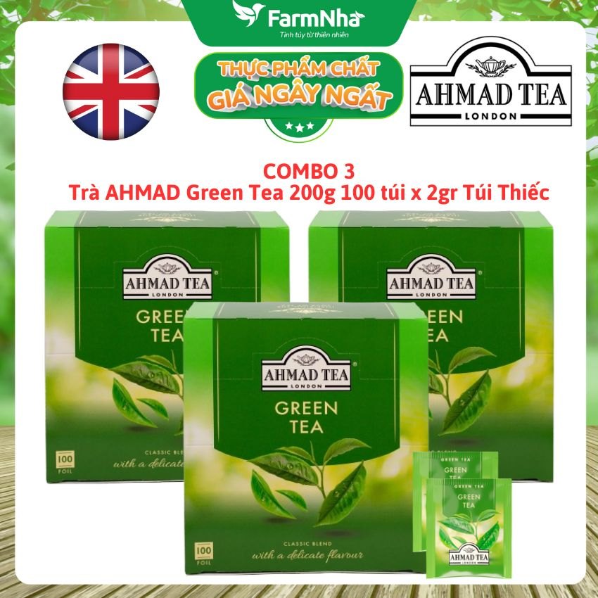 (Combo 3) Trà Xanh Ahmad Green Tea 200g 100x2g Túi Thiếc – Hương Vị Thanh Khiết & Tinh Tế