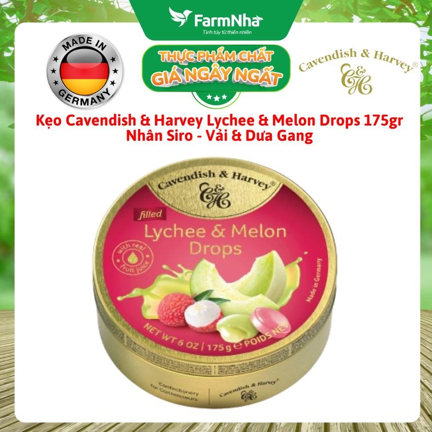 Kẹo Cavendish & Harvey Lychee & Melon 175g Nhân Siro Hộp Thiếc - Kẹo Đức Vị Trái Cây Tự Nhiên