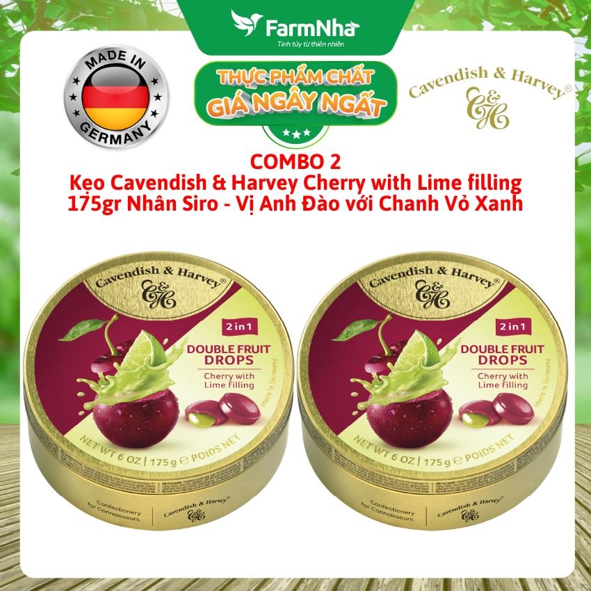 (Combo 2) Kẹo Cavendish & Harvey CHERRY WITH LIME FILLING 175g Nhân Siro Hộp Thiếc - Kẹo Trái Cây Đức