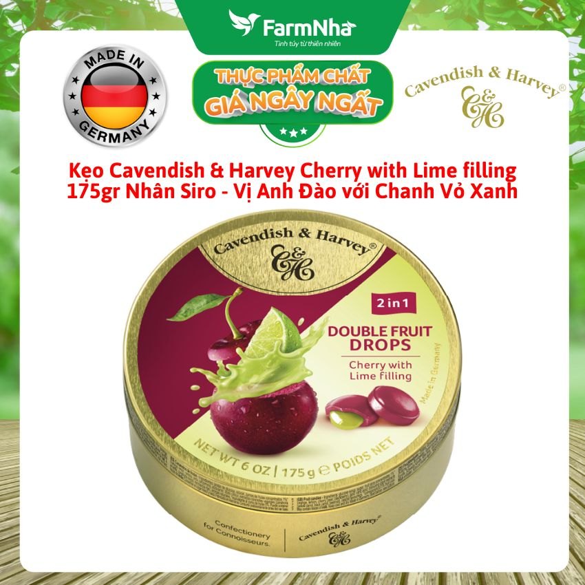 Kẹo Cavendish & Harvey CHERRY WITH LIME FILLING 175g Nhân Siro Hộp Thiếc - Kẹo Trái Cây Đức