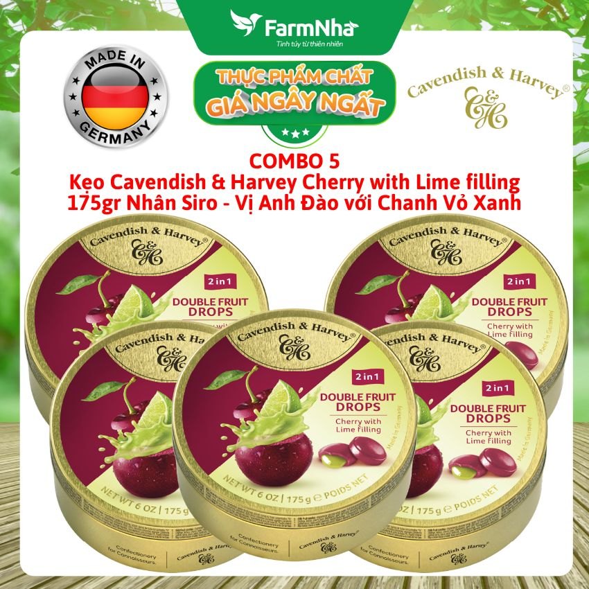(Combo 5) Kẹo Cavendish & Harvey CHERRY WITH LIME FILLING 175g Nhân Siro Hộp Thiếc - Kẹo Trái Cây Đức
