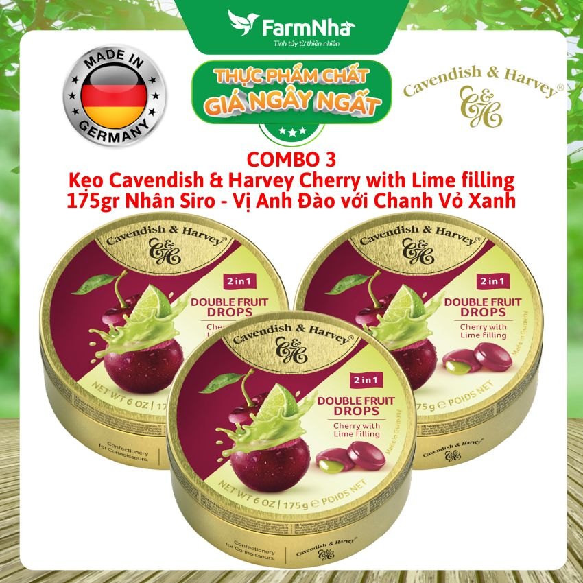 (Combo 3) Kẹo Cavendish & Harvey CHERRY WITH LIME FILLING 175g Nhân Siro Hộp Thiếc - Kẹo Trái Cây Đức