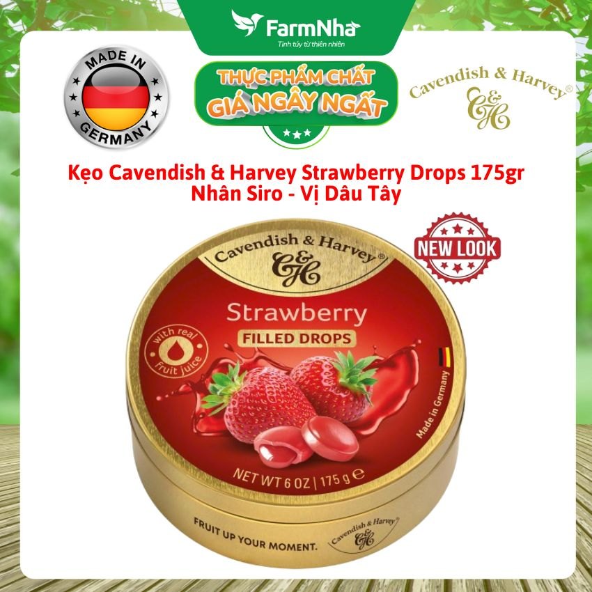 Kẹo Cavendish & Harvey Strawberry 175g Nhân Siro Hộp Thiếc - Kẹo Đức Ngọt Thanh Nhân Tan Chảy