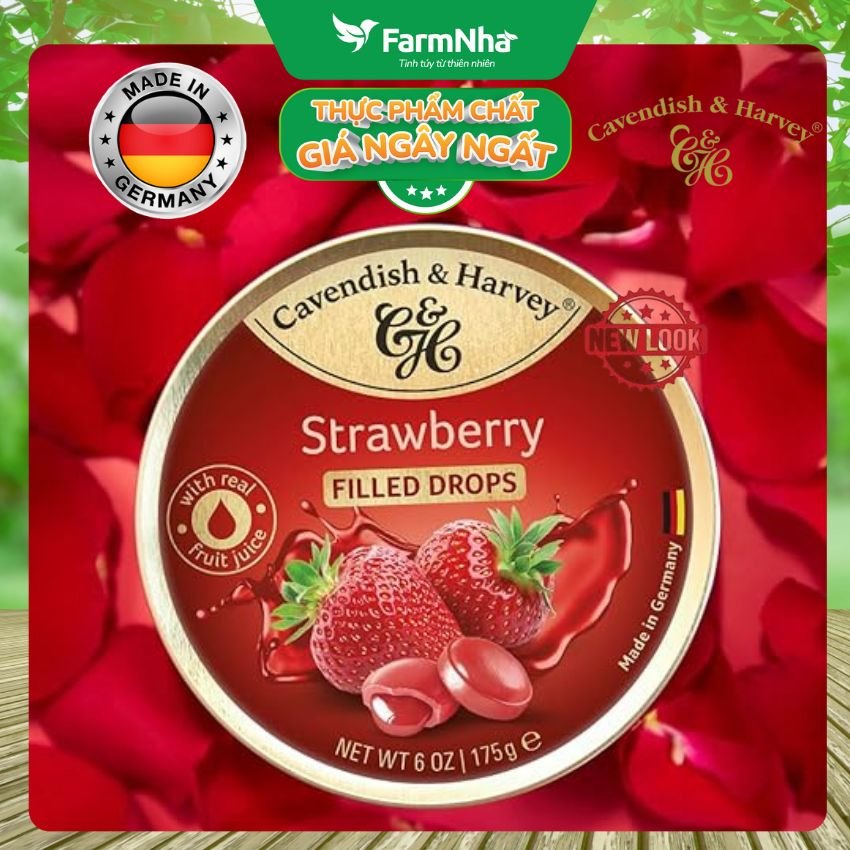 Kẹo Cavendish & Harvey Strawberry 175g Nhân Siro Hộp Thiếc - Kẹo Đức Ngọt Thanh Nhân Tan Chảy