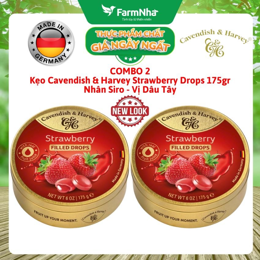 (Combo 2) Kẹo Cavendish & Harvey Strawberry 175g Nhân Siro Hộp Thiếc - Kẹo Ngọt Thanh Nhân Tan Chảy