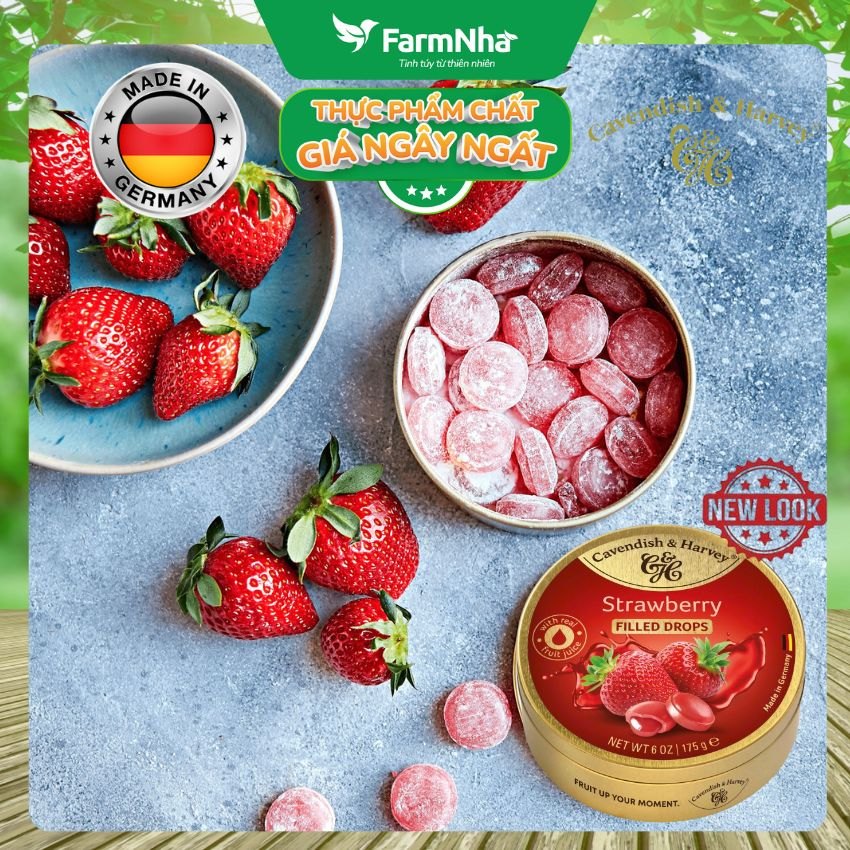 Kẹo Cavendish & Harvey Strawberry 175g Nhân Siro Hộp Thiếc - Kẹo Đức Ngọt Thanh Nhân Tan Chảy
