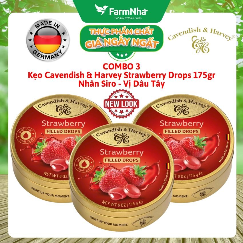 (Combo 3) Kẹo Cavendish & Harvey Strawberry 175g Nhân Siro Hộp Thiếc - Kẹo Ngọt Thanh Nhân Tan Chảy