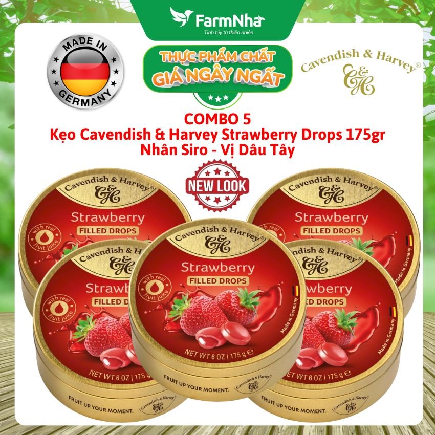 (Combo 5) Kẹo Cavendish & Harvey Strawberry 175g Nhân Siro Hộp Thiếc - Kẹo Ngọt Thanh Nhân Tan Chảy