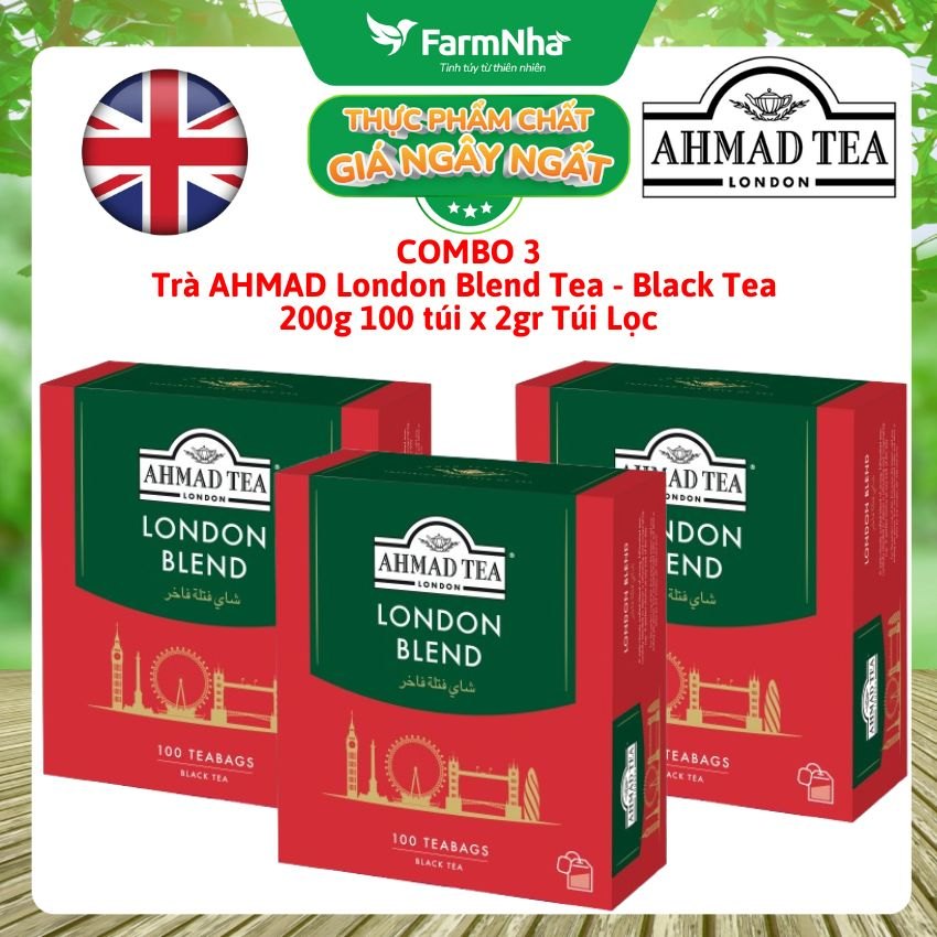 (Combo 3) Trà Ahmad London Blend 200g 100x2g Túi Lọc - Hương vị trà đen cổ điển kiểu Anh