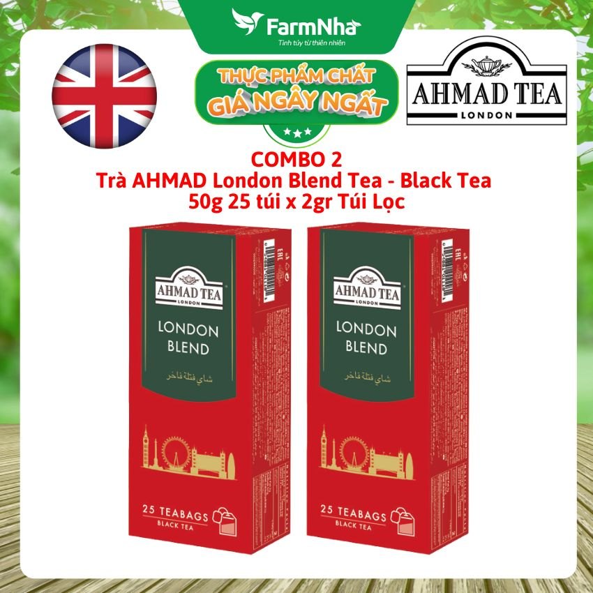 (Combo 2) Trà Ahmad London Blend 50g 25x2g Túi Lọc - Hương vị trà đen cổ điển kiểu Anh