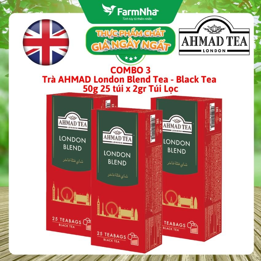 (Combo 3) Trà Ahmad London Blend 50g 25x2g Túi Lọc - Hương vị trà đen cổ điển kiểu Anh