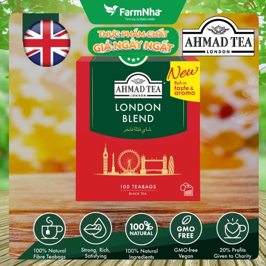 Trà Ahmad London Blend 200g 100x2g Túi Lọc - Hương vị trà đen cổ điển kiểu Anh