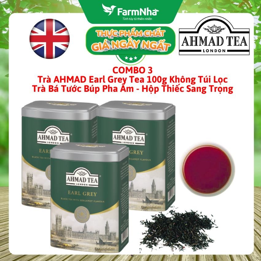 (Combo 3) Trà Ahmad Earl Grey Tea 100g Hộp Thiếc Pha Ấm - Trà Bá Tước Với Hương Cam Bergamot Tinh Túy