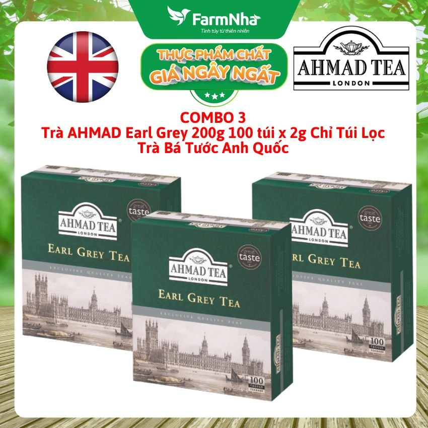 (Combo 3) Trà Ahmad Earl Grey Tea 200g 100 túix2g Chỉ Túi Lọc - Trà Bá Tước Hương Cam Bergamot Tuyệt Vời