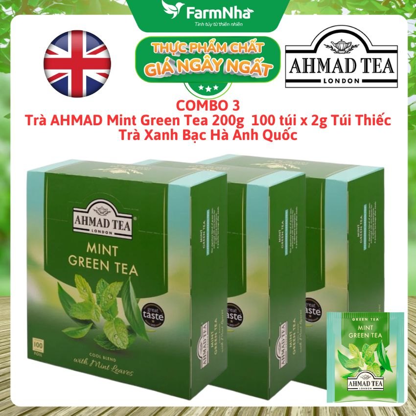 (Combo 3) Trà Ahmad Mint Green Tea 200g 100x2g Túi Thiếc – Trà Xanh Bạc Hà Tươi Mát và Sảng Khoái