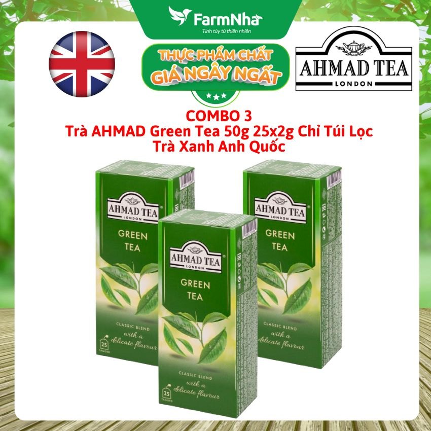 (Combo 3) Trà Xanh Ahmad Green Tea 50g 25x2g Chỉ Túi Lọc – Hương Vị Thanh Khiết & Tinh Tế