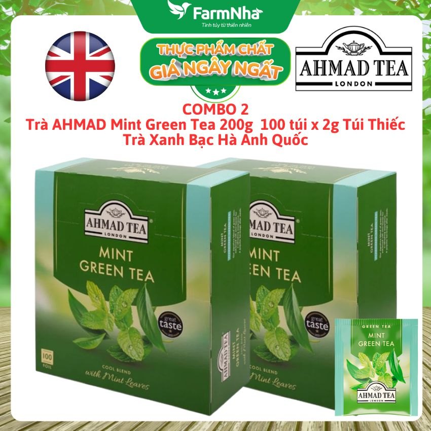 (Combo 2) Trà Ahmad Mint Green Tea 200g 100x2g Túi Thiếc – Trà Xanh Bạc Hà Tươi Mát và Sảng Khoái