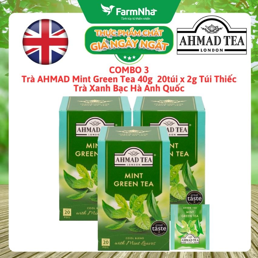 (Combo 3) Trà Ahmad Mint Green Tea 40g 20x2g Túi Thiếc – Trà Xanh Bạc Hà Tươi Mát và Sảng Khoái