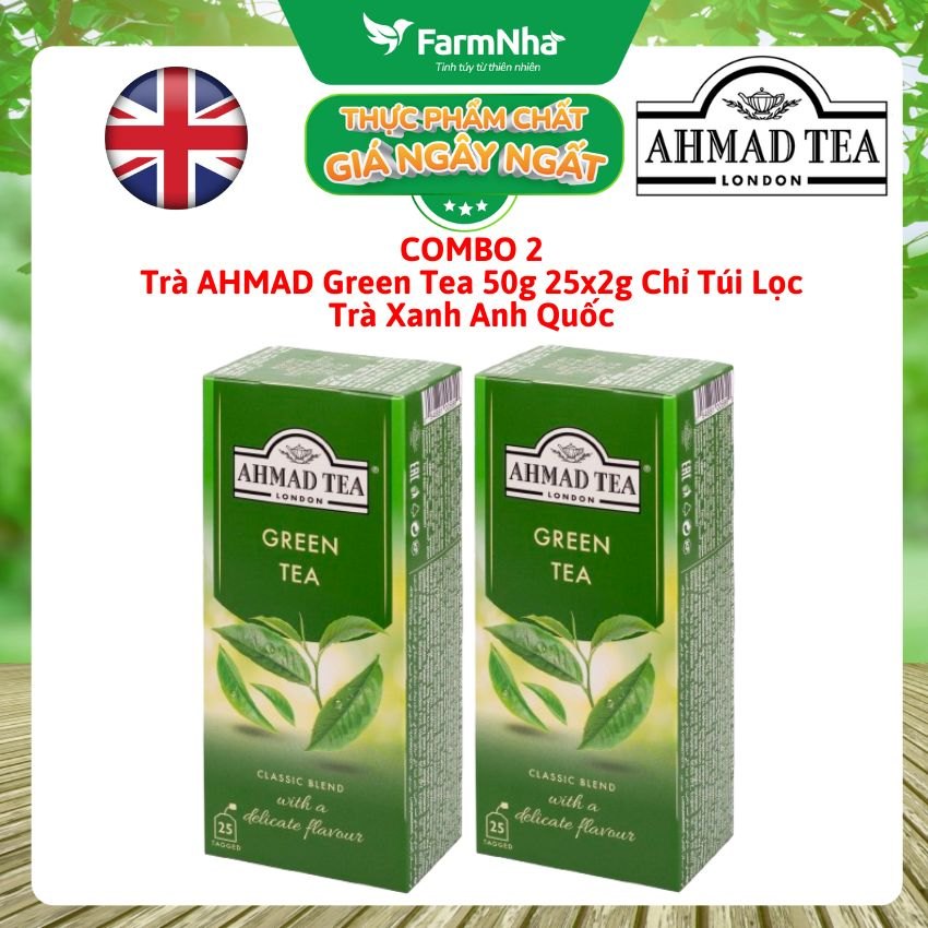 (Combo 2) Trà Xanh Ahmad Green Tea 50g 25x2g Chỉ Túi Lọc – Hương Vị Thanh Khiết & Tinh Tế