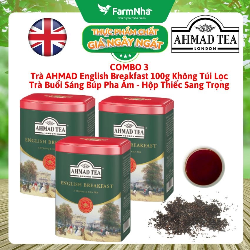 (Combo 3) Trà Ahmad English Breakfast Tea 100g Hộp Thiếc Pha Ấm - Trà Búp Tăng Năng Lượng, Tỉnh Táo