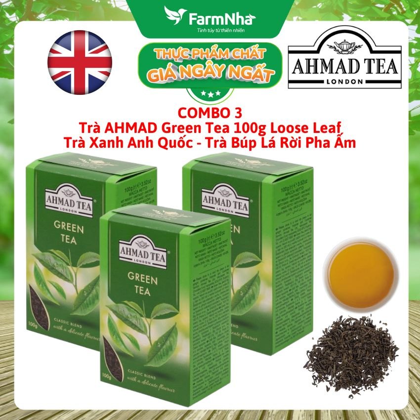 (Combo 3) Trà Xanh Ahmad Green Tea 100g Hộp Giấy Pha Ấm - Trà Búp Lá Rời Thanh Mát Tự Nhiên