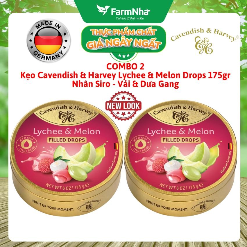 (Combo 2) Kẹo Cavendish & Harvey Lychee & Melon 175g Nhân Siro Hộp Thiếc - Kẹo Đức Vị Trái Cây Tự Nhiên
