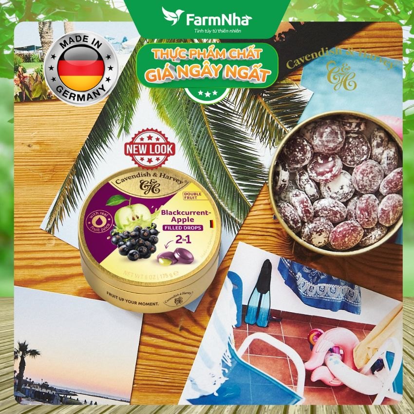 (Combo 5) Kẹo Cavendish & Harvey BLACKCURRANT WITH APPLE FILLING 175g Nhân Siro Hộp Thiếc - Kẹo Trái Cây Đức